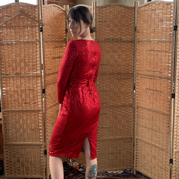 Vintage 80s 90s Retro Red Sequin Cocktail Dress - Picture 3 of 7